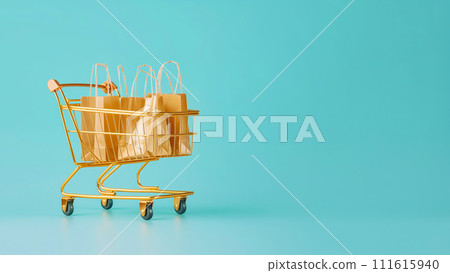 Shopping cart with bags. Golden shopping basket full of craft shopping bags on blue background. Sale, Black Friday concept, shopping season, purchase, discounts, shopaholic. Promotion, marketing Shopping cart with bags. Golden shopping basket full of craft shopping bags on blue background. Sale, Black Friday concept, shopping season, purchase, discounts, shopaholic. Promotion, marketing 111615940