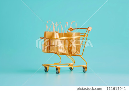 Shopping cart with bags. Golden shopping basket full of craft shopping bags on blue background. Sale, Black Friday concept, shopping season, purchase, discounts, shopaholic. Promotion, marketing 111615941