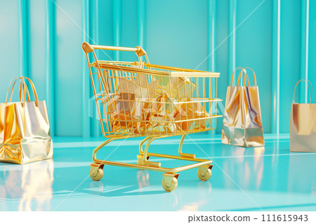 Shopping cart with bags. Golden shopping basket full of gold shopping bags on blue background. Sale, Black Friday concept, shopping season, purchase, discounts, shopaholic. Promotion, marketing Shopping cart with bags. Golden shopping basket full of gold shopping bags on blue background. Sale, Black Friday concept, shopping season, purchase, discounts, shopaholic. Promotion, marketing 111615943
