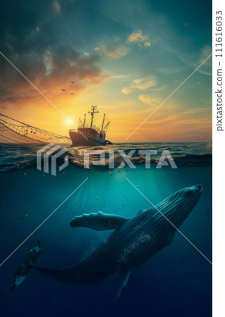 Vertical photograph of a whale swimming under a fishing trawler, rampant fishing for fish and krill, azure sea illuminated by the sun at sunset, banner for World Wildlife Day 111616033