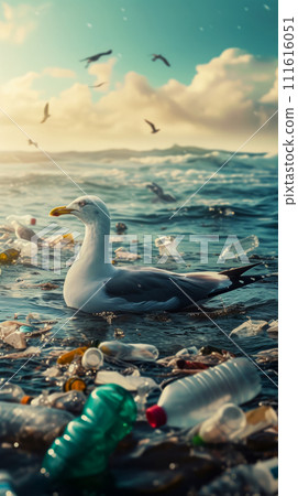 Portrait of a seagull swimming in the sea among garbage and plastic bottles, close-up of the bird, World Wildlife and Ecology Day banner, vertical poster 111616051