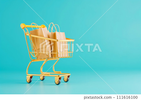 Shopping cart with bags. Golden shopping basket full of craft shopping bags on blue background. Sale, Black Friday concept, shopping season, purchase, discounts, shopaholic. Promotion, marketing Shopping cart with bags. Golden shopping basket full of craft shopping bags on blue background. Sale, Black Friday concept, shopping season, purchase, discounts, shopaholic. Promotion, marketing 111616100