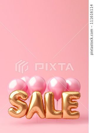 Word SALE made of golden inflatable balloons on pink background. Helium balloons gold foil forming word sale. Discount and advertisement, shopping sign for Black Friday Sale, special offer, copy space Word SALE made of golden inflatable balloons on pink background. Helium balloons gold foil forming word sale. Discount and advertisement, shopping sign for Black Friday Sale, special offer, copy space 111616114