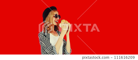 Portrait of happy cheerful young woman having fun with burger fast food Portrait of happy cheerful young woman having fun with burger fast food 111616209