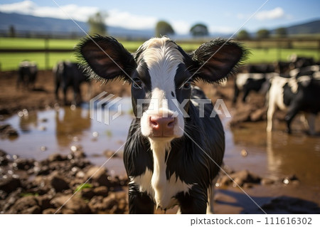 Calves are crammed into stalls, it's spring time on cow farms. 111616302