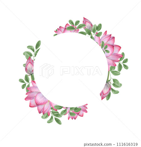 Pink white lotus, Butterfly pea leaves. Round frame with Water Lily, wisteria leaves. Indian lotus, sacred lotus. Watercolor illustration for greetings, invitations. Copy space for text. 111616319