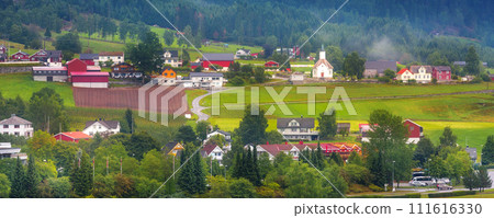 Norwegian village Olden in fjords, Norway summer 111616330