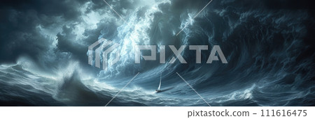 AI-generated content. A Painting of a Boat Battling a Giant Wave. Generative AI. 111616475