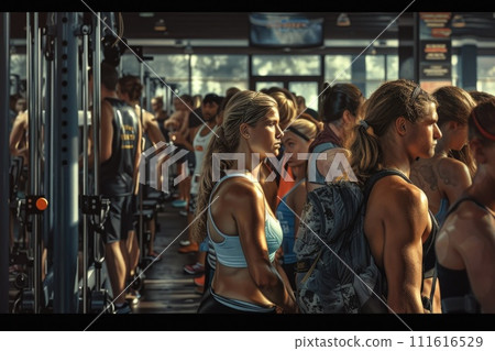 AI-generated content. Group of People Standing Around a Gym. Generative AI. 111616529