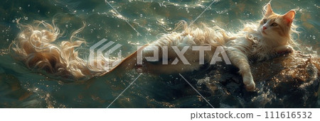 AI-generated content. Cat Laying on Top of Dog in Water. Generative AI. 111616532