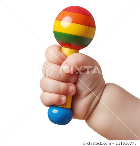 AI-generated content. A colorful baby toy in the hand isolated on a white or transparent background. The child's hand holds the toy in close-up. Concept of child development, entertainment, and play. AI-generated content. A colorful baby toy in the hand isolated on a white or transparent background. The child's hand holds the toy in close-up. Concept of child development, entertainment, and play. 111616773