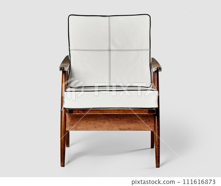Vintage chair with white leather cushions and wooden arms 111616873