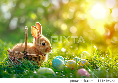 AI-generated content. Easter bunny in a basket with Easter eggs on a green meadow in the sun 111616928