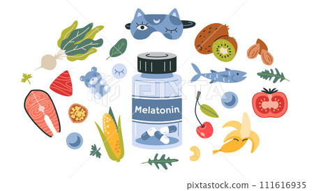 A jar of Melatonin and foods best sources it. Fruits, vegetables and fish set. Concept of sleep disorder treatment, insomnia and sleeping problems. Isolated cartoon vector illustration, flat design 111616935