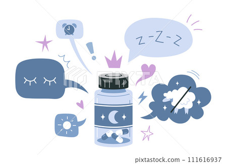 Melatonin, sleeping pills benefits, jar of tablets and speech bubble. Healthy sleep, treatment of insomnia, restoration of circadian rhythms, rest and recovery. Isolated cartoon vector illustration Melatonin, sleeping pills benefits, jar of tablets and speech bubble. Healthy sleep, treatment of insomnia, restoration of circadian rhythms, rest and recovery. Isolated cartoon vector illustration 111616937