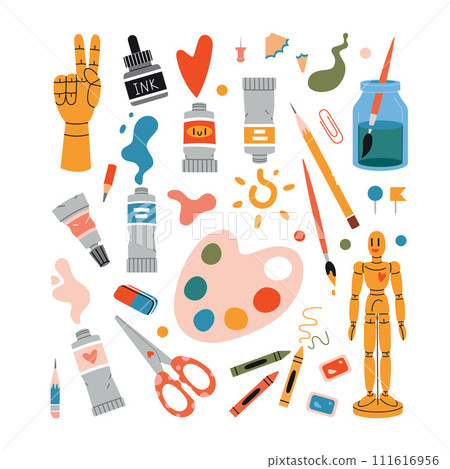 Set with painting tools elements and art supplies like paint tubes, pencil and color palette. Isolated cartoon vector illustration, hand drawn, flat design Set with painting tools elements and art supplies like paint tubes, pencil and color palette. Isolated cartoon vector illustration, hand drawn, flat design 111616956