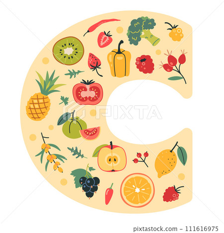 Vitamin C sources food in C shape. Fruits, berries and vegetables set. Natural antioxidant and immune support. Isolated cartoon vector illustration, hand drawn, flat 111616975