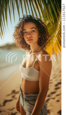 Vertical poster with a beautiful young woman under palm leaves near a warm azure bay, the woman looks into the frame, the idea of a seaside holiday and summer travel 111617027