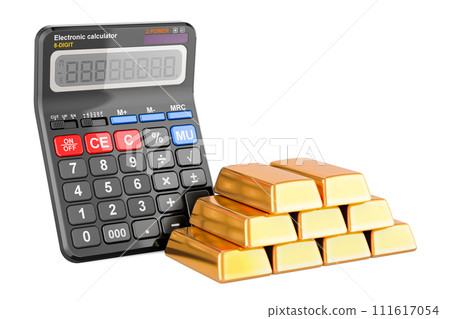 Gold bars with calculator, 3D rendering Gold bars with calculator, 3D rendering 111617054