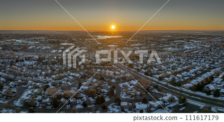 winter sunrise over city of Fort Collins and plains in northern Colorado, aerial panorama winter sunrise over city of Fort Collins and plains in northern Colorado, aerial panorama 111617179