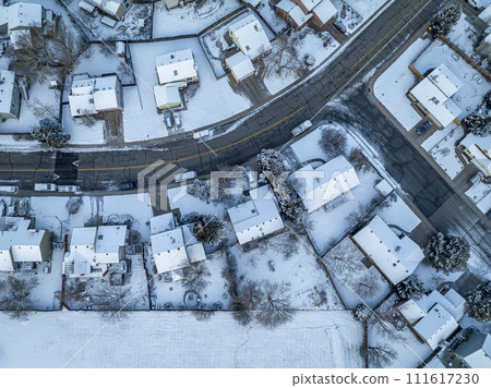 winter morning over a residential area of Fort Collins in northern Colorado with fresh snow, aerial view winter morning over a residential area of Fort Collins in northern Colorado with fresh snow, aerial view 111617230