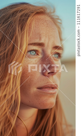 Vertical portrait of a beautiful red-haired girl with her gaze directed to the ocean, soft morning light, promotion of outdoor activities, sports and sporting goods 111617291