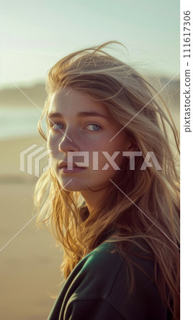 vertical portrait of a cute blonde with freckles against the background of the ocean, early warm morning, advertising marine entertainment and sports 111617306