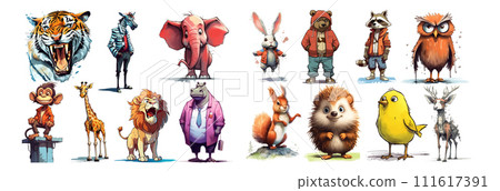 Whimsical Collection of Artistic Animal Characters in Human Clothing: A Vibrant and Stylized Vector Illustration for Creative Whimsical Collection of Artistic Animal Characters in Human Clothing: A Vibrant and Stylized Vector Illustration for Creative 111617391