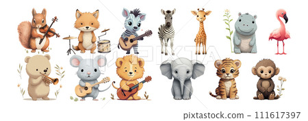 Playful Illustrated Animals Engaged in Music: Squirrel Violinist, Fox Drummer, Zebra Guitarist, Giraffe Singer, Hippo Pianist, Flamingo Flutist, Bear Trumpeter, Mouse Saxophonist, Lion Guitarist 111617397