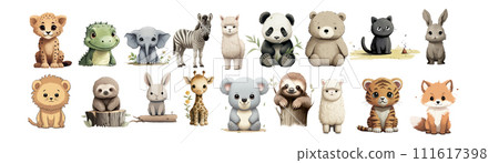Adorable Collection of Baby Animals: Cheetah Cub, Baby Dragon, Elephant, Zebra, Alpaca, Panda Cub, Bear Cub, Kitten, Bunny Rabbit, Lion, Sloth, Giraffe, Tiger Cub, Fox 111617398