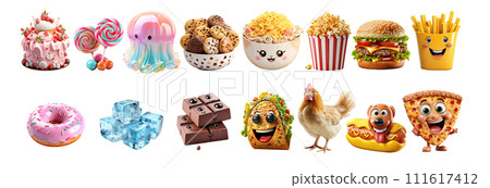 Delightful Assortment of Animated Food Items: Colorful Cake, Lollipops, Candy Jellyfish, Smiling Cookies, Happy Popcorn, Cheerful Cheeseburger, Joyful Fries, Pink, Blue Ice Cubes, Joyful Hotdog Delightful Assortment of Animated Food Items: Colorful Cake, Lollipops, Candy Jellyfish, Smiling Cookies, Happy Popcorn, Cheerful Cheeseburger, Joyful Fries, Pink, Blue Ice Cubes, Joyful Hotdog 111617412