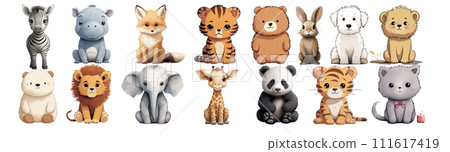Adorable Collection of Cartoon Animals Including Zebra, Hippopotamus, Fox, Tiger, Bear, Rabbit, Dog, Lion, Polar Bear, Lion Cub, Elephant, Giraffe, Panda Bear, Tiger Cub 111617419