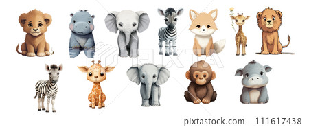 Adorable Collection of Illustrated Baby Animals Including a Lion Cub, Hippo, Elephant, Zebra, Fox, and Giraffe in Various Adorable Collection of Illustrated Baby Animals Including a Lion Cub, Hippo, Elephant, Zebra, Fox, and Giraffe in Various 111617438