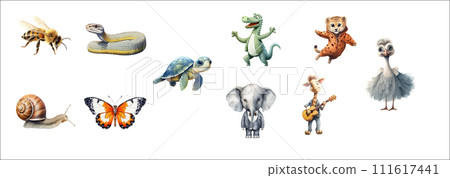 Collection of Ten Diverse Animals Including a Bee, Snake, Sea Turtle, Dinosaur, Snail, Butterfly, Elephant, Giraffe, Leopard Cub Collection of Ten Diverse Animals Including a Bee, Snake, Sea Turtle, Dinosaur, Snail, Butterfly, Elephant, Giraffe, Leopard Cub 111617441