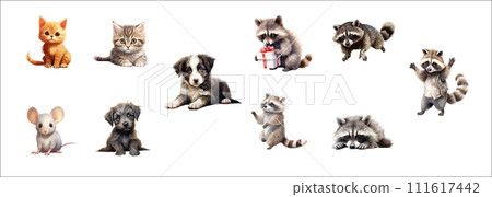 Adorable Collection of Illustrated Baby Animals Including Kittens, Puppies, Raccoons, and a Mouse, Isolated on a White 111617442