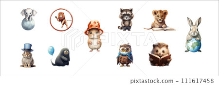 Whimsical Illustrations of Baby Animals in Various Poses with Diverse Accessories Showcasing Whimsical Illustrations of Baby Animals in Various Poses with Diverse Accessories Showcasing 111617458