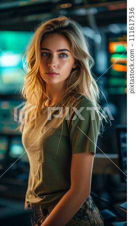 Half-length portrait of a female soldier in the monitoring and control center, the concept of the use of modern technologies and artificial intelligence in the army 111617536