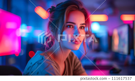 Analyst specialist at work in the control and monitoring center, bright pink neon light, concept of using modern technologies and artificial intelligence in the army 111617537
