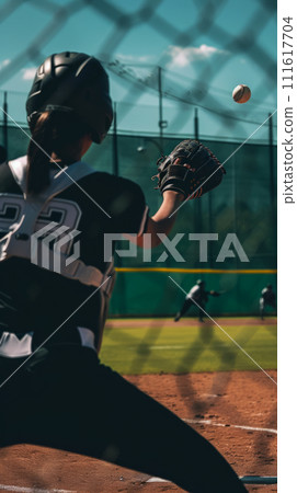 Vertical portrait of a catcher from the back at a college league game, catcher catches the ball, dark stadium background, softball league advertisement 111617704