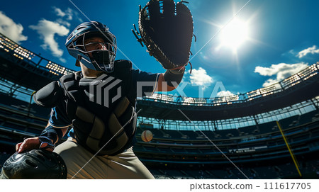 Low angle shot, catcher catching the ball, portrait of a baseball player at a match, bright sun at its zenith, banner concept for advertising a league match Low angle shot, catcher catching the ball, portrait of a baseball player at a match, bright sun at its zenith, banner concept for advertising a league match 111617705