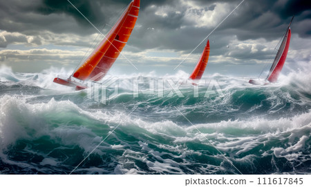 Catamarans under a scarlet sail sail along the stormy azure sea, participation in a regatta or sailing trip on the ocean, an idea for a banner and advertising Catamarans under a scarlet sail sail along the stormy azure sea, participation in a regatta or sailing trip on the ocean, an idea for a banner and advertising 111617845