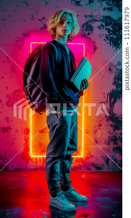 Teenager with textbooks and notebooks in his hands on a gray studio background with neon bright lighting, young man looking at the camera, poster concepts about education and back to school 111617979