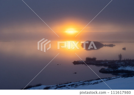 Sunset at the Myvatn lake, North Iceland 111617980