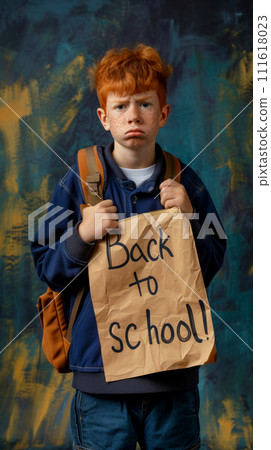 Upset red-haired boy with freckles, with a school backpack, holding a kraft paper poster with the inscription "back to school" all over the sheet, looking at the camera, colorful background Upset red-haired boy with freckles, with a school backpack, holding a kraft paper poster with the inscription "back to school" all over the sheet, looking at the camera, colorful background 111618023
