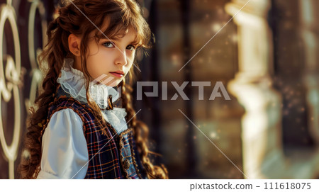Portrait of a girl against the background of an old school, serious look at the camera, concept of steampunk style and back to school, warm autumn sunny day, copy space for idea Portrait of a girl against the background of an old school, serious look at the camera, concept of steampunk style and back to school, warm autumn sunny day, copy space for idea 111618075