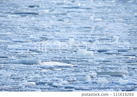Fragments of melting ice with wet snow float on sea water, natural winter background 111618268