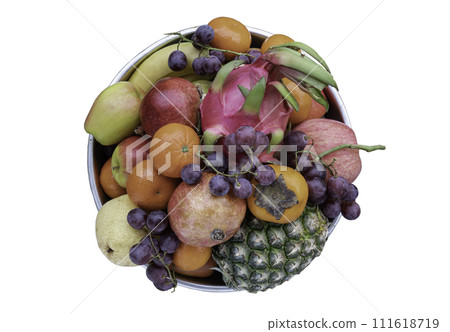 Variety of Fresh assorted fruits on Round steel tray Isolated on White background with Clipping path. Variety of Fresh assorted fruits on Round steel tray Isolated on White background with Clipping path. 111618719