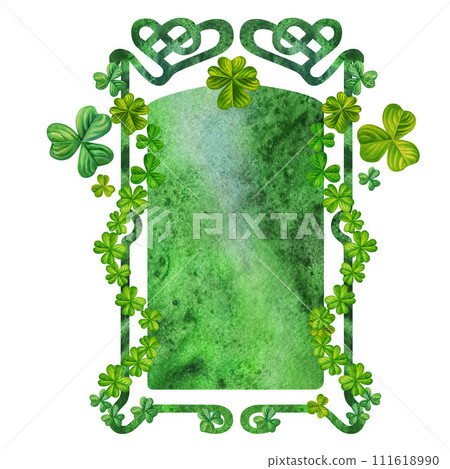 Watercolor vintage fantasy frame with hand drawn four leaf clover for St. Patrick's Day for good luck, for invitation card template, announcements, magic games, fairy tales, book titles, scrapbooking 111618990