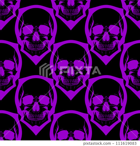 seamless symmetrical pattern of purple human skulls on a black background, texture, design 111619083