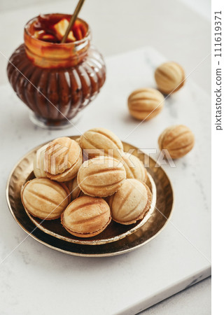 Homemade walnut shaped cookies with boiled condensed milk 111619371